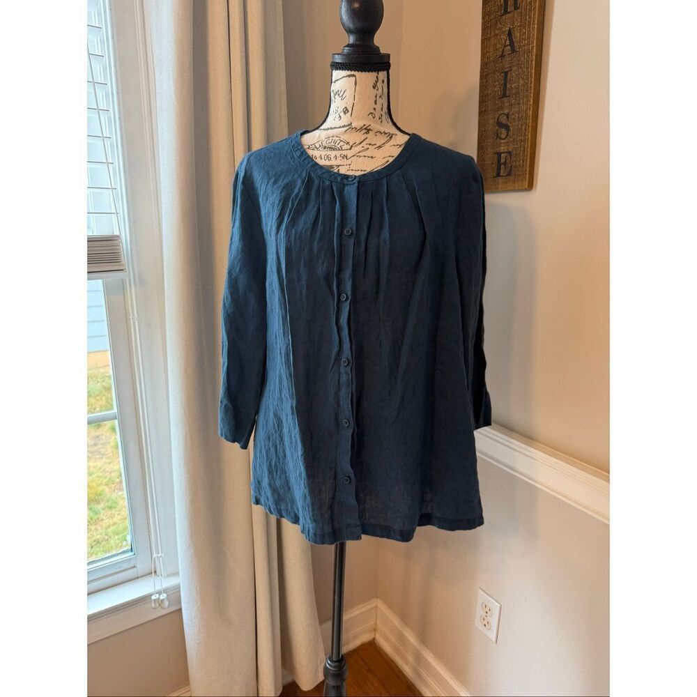 SeaSalt Cornwall Women's 3/4 Sleeve Button-up Wild Fennel Linen Shirt Navy Sz 12